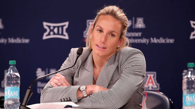 TUCSON, AZ - JANUARY 10: Arizona Wildcats head coach Becky Burke speaks to the media after a women's basketball game between the UCF Knights and the Arizona Wildcats on January 10, 2026, at McKale Center in Tucson, AZ.