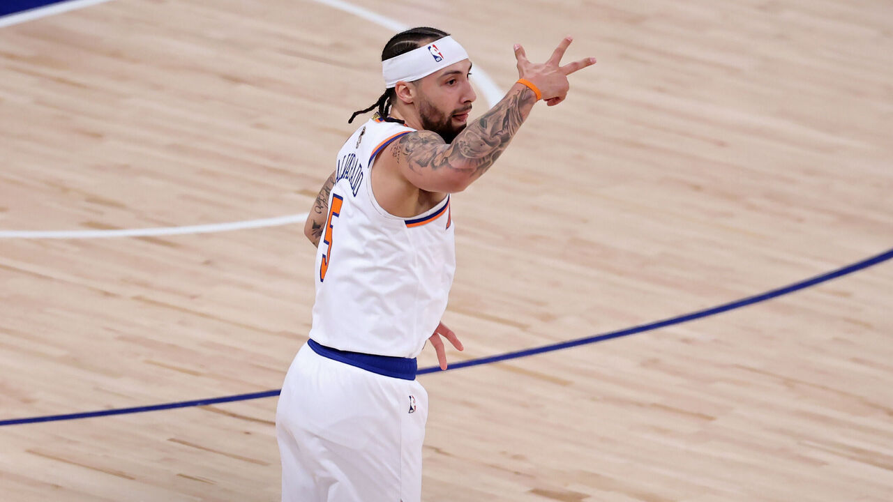 NEW YORK, NEW YORK - JUNE 10: Jose Alvarado #5 of the New York Knicks reacts after his three-point basket against the San Antonio Spurs during the fourth quarter in Game Four of the 2026 NBA Finals at Madison Square Garden on June 10, 2026 in New York City.