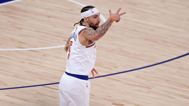 NEW YORK, NEW YORK - JUNE 10: Jose Alvarado #5 of the New York Knicks reacts after his three-point basket against the San Antonio Spurs during the fourth quarter in Game Four of the 2026 NBA Finals at Madison Square Garden on June 10, 2026 in New York City.