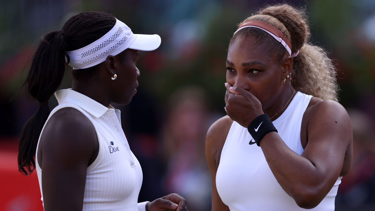 LONDON, ENGLAND - JUNE 09: Serena Williams of the United States and Victoria Mboko of Canada talk against Nicole Melichar-Martinez of the United States and Erin Routliffe of New Zealand during the Women's Doubles first round match on Day Two of the HSBC Championships at The Queen's Club on June 09, 2026 in London, England.