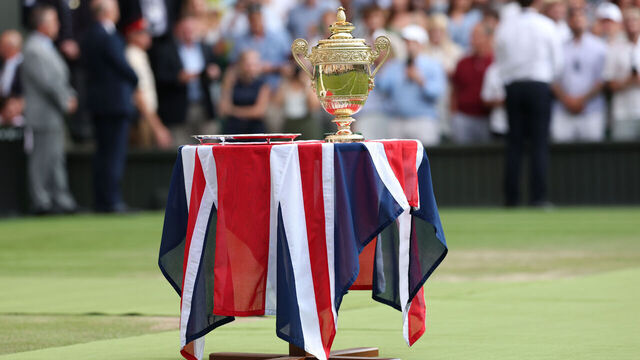 LONDON, ENGLAND - JULY 13: A detailed view of the Gentlemen’s Singles Trophy on Centre Court following the Gentleman's Singles Final between Jannik Sinner of Italy and Carlos Alcaraz of Spain on day fourteen of The Championships Wimbledon 2025 at All England Lawn Tennis and Croquet Club on July 13, 2025 in London, England.