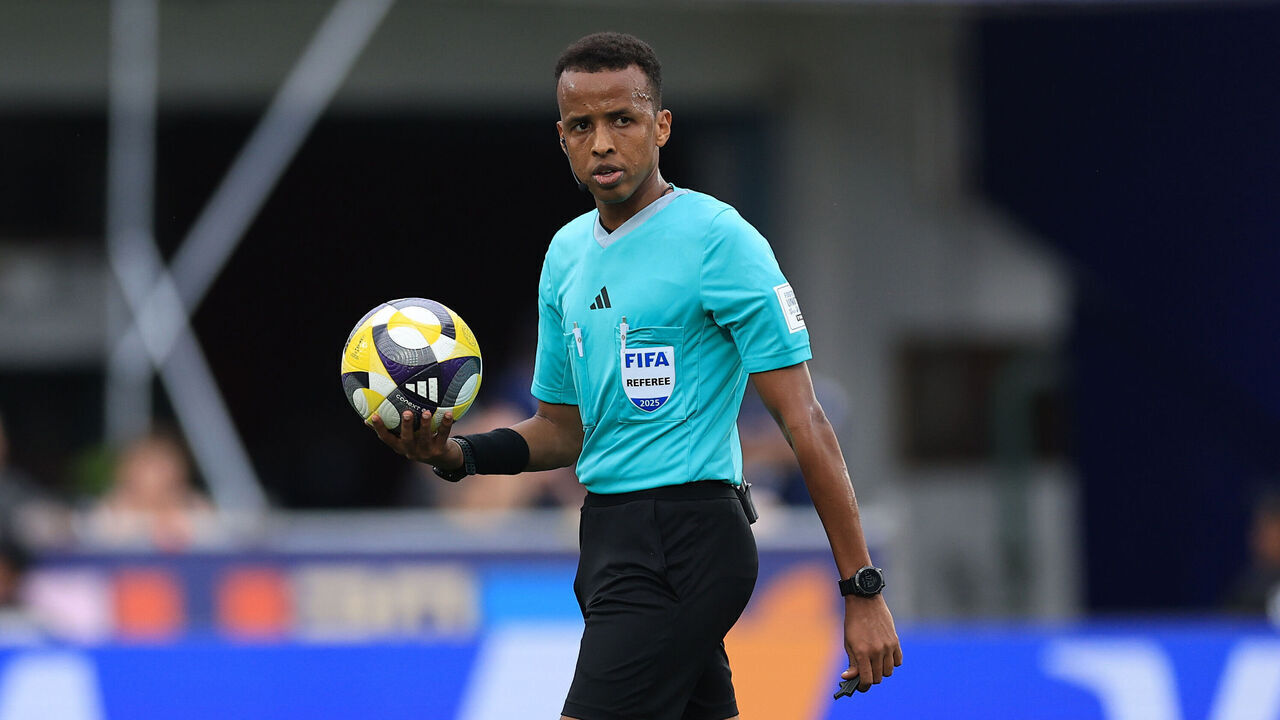 SANTIAGO, CHILE - OCTOBER 18: Referee Omar Artan holds the match ball during the FIFA U-20 World Cup Chile 2025 third place match between Colombia and France at Estadio Nacional Julio Martínez Prádanos on October 18, 2025 in Santiago, Chile.