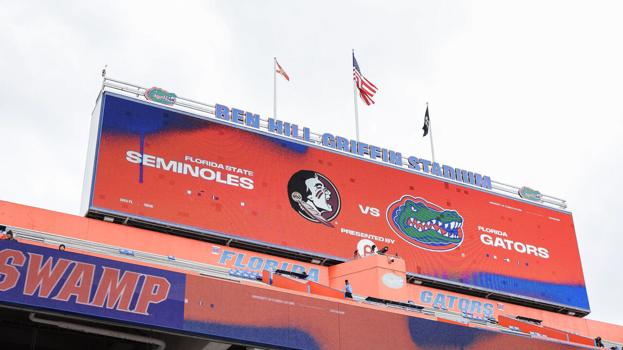 GAINESVILLE, FLORIDA - NOVEMBER 29: A general view of a scoreboard graphic before the start of a game between the Florida Gators and the Florida State Seminoles at Ben Hill Griffin Stadium on November 29, 2025 in Gainesville, Florida.