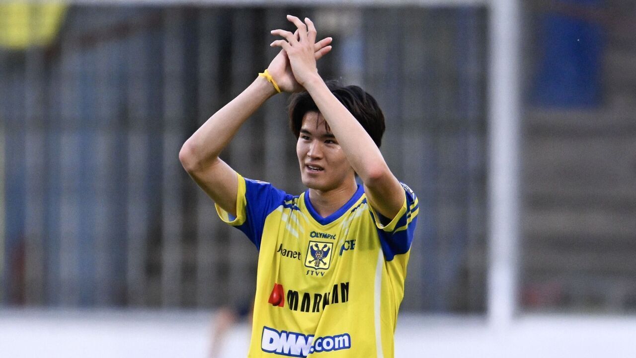 STVV's Keisuke Goto celebrates during a soccer match between Sint-Truiden VV and KV Mechelen, Sunday 24 May 2026 in Sint-Truiden, on the last day of the Champion's Play-offs of the 2025-2026 'Jupiler Pro League' first division of the Belgian championship. BELGA PHOTO JOHN THYS