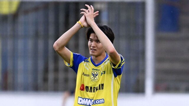 STVV's Keisuke Goto celebrates during a soccer match between Sint-Truiden VV and KV Mechelen, Sunday 24 May 2026 in Sint-Truiden, on the last day of the Champion's Play-offs of the 2025-2026 'Jupiler Pro League' first division of the Belgian championship. BELGA PHOTO JOHN THYS