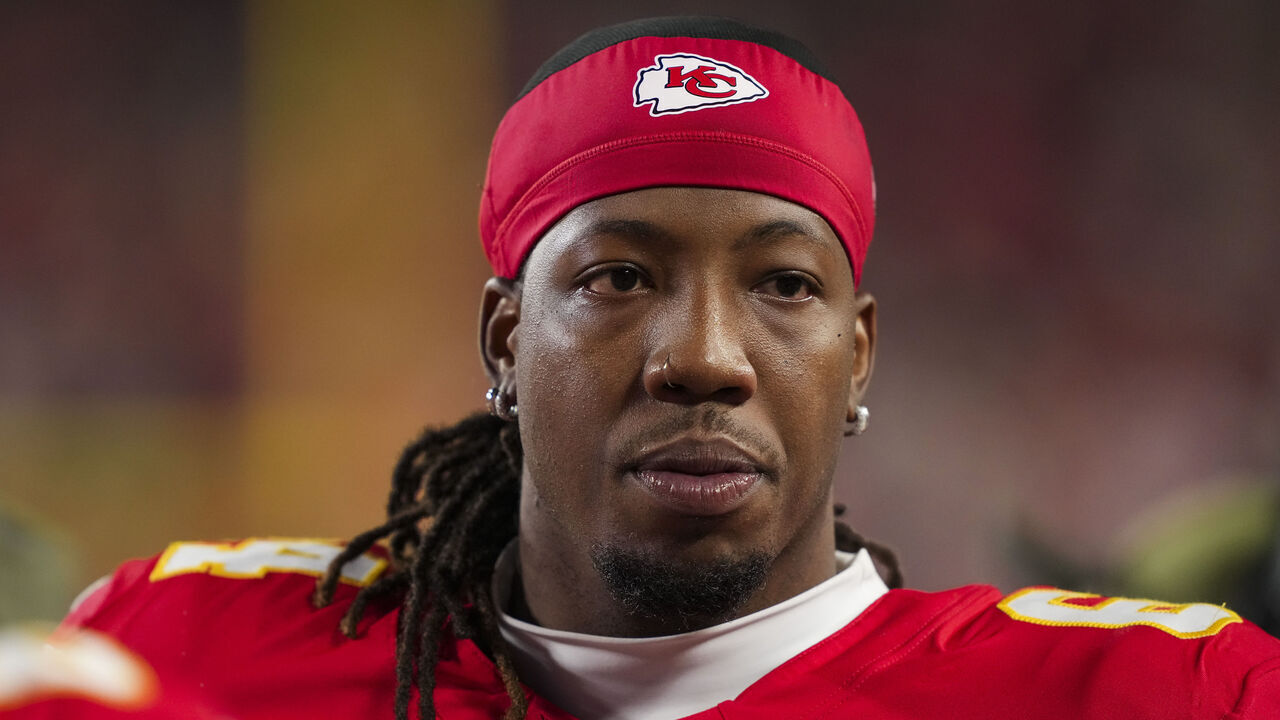 KANSAS CITY, MISSOURI - OCTOBER 27: Wanya Morris #64 of the Kansas City Chiefs looks on from the sideline during an NFL football game against the Washington Commanders at Arrowhead Stadium on October 27, 2025 in Kansas City, Missouri.