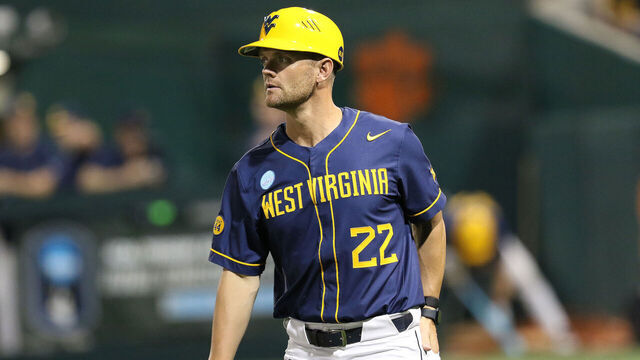 CLEMSON, SC - JUNE 01: West Virginia Mountaineers head coach Steve Sabins during a NCAA Division 1 college regional baseball playoff game between the Kentucky Wildcats and the West Virginia Mountaineers on June 1, 2025 at Doug Kingsmore Stadium in Clemson, S.C.