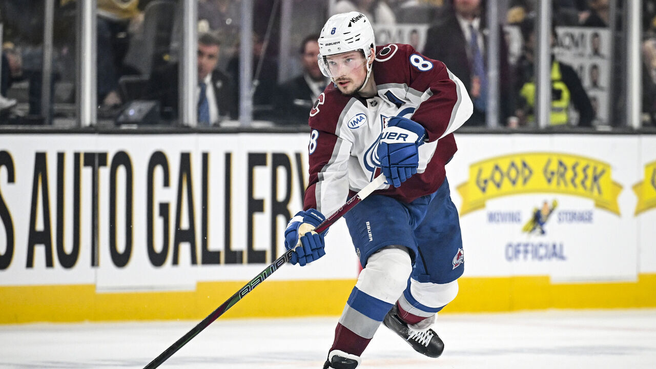 LAS VEGAS , NV - MAY 26: Cale Makar (8) of the Colorado Avalanche passes against the Vegas Golden Knights during the first period of Game 4 of the NHL Western Conference Final at T-Mobile Arena in Las Vegas, Nevada on Tuesday, May 26, 2026.