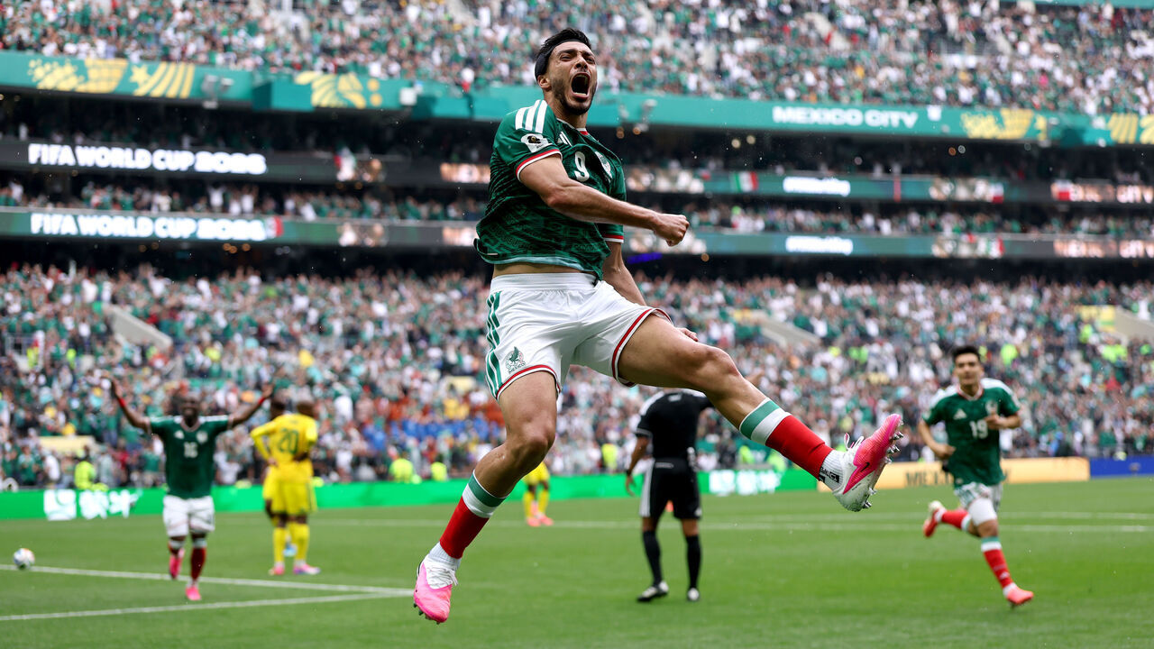 MEXICO CITY, MEXICO - JUNE 11: Raul Jimenez #9 of Mexico celebrates scoring his team's second goal during the FIFA World Cup 2026 Group A match between Mexico and South Africa at Mexico City Stadium on June 11, 2026 in Mexico City, Mexico.