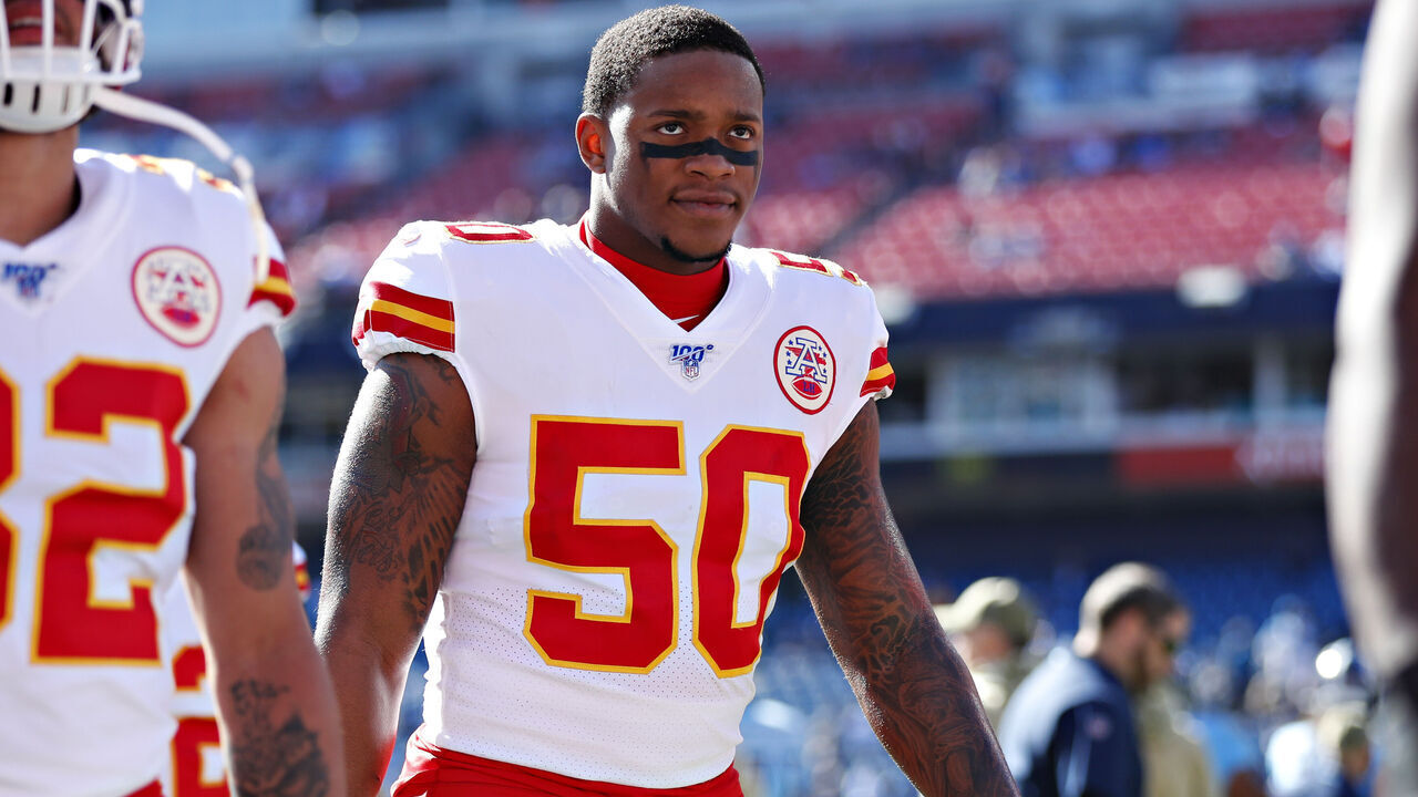 NASHVILLE, TN - NOVEMBER 10: Darron Lee #50 of the Kansas City Chiefs walks off the field before a game against the Tennessee Titans at Nissan Stadium on November 10, 2019 in Nashville, Tennessee. The Titans defeated the Chiefs 35-32.