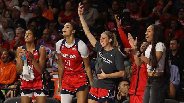 WASHINGTON, D.C. - JUNE 8: Washington Mystics celebrates during the WNBA Commissioner's Cup game against the Indiana Fever on June 8, 2026 at CareFirst Arena in Washington, D.C. Mandatory Copyright Notice: Copyright 2026 NBAE