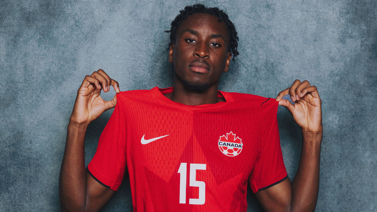 NEW YORK, NEW YORK - JUNE 08: (EXCLUSIVE COVERAGE) (EDITOR'S NOTE: This image has been digitally altered.) Moise Bombito #15 of Canada poses for a portrait during the official FIFA World Cup 2026 portrait session on June 08, 2026 in New York, New York.