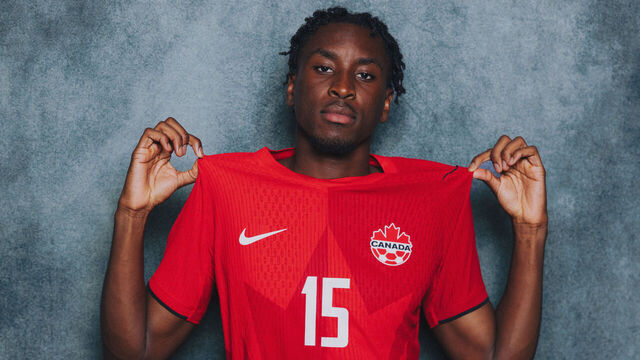 NEW YORK, NEW YORK - JUNE 08: (EXCLUSIVE COVERAGE) (EDITOR'S NOTE: This image has been digitally altered.) Moise Bombito #15 of Canada poses for a portrait during the official FIFA World Cup 2026 portrait session on June 08, 2026 in New York, New York.