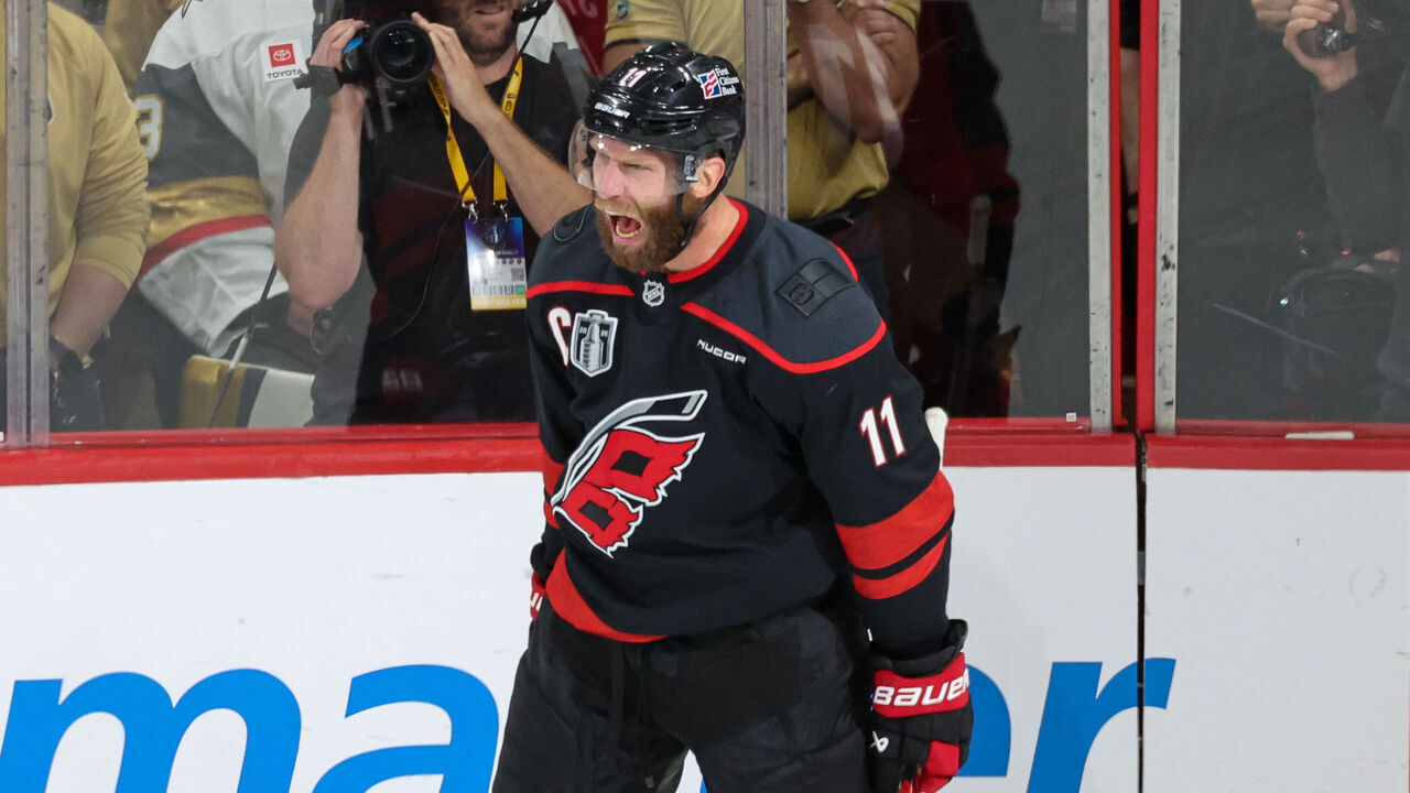 RALEIGH, NC - JUNE 11: Jordan Staal #11 of the Carolina Hurricanes celebrates his goal during game five of the NHL Stanley Cup Final between the Vegas Golden Knights and the Carolina Hurricanes on June 11, 2026 at Lenovo Center in Raleigh, NC.