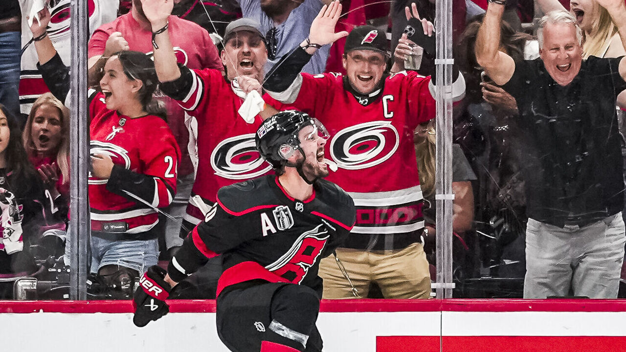 RALEIGH, NORTH CAROLINA - JUNE 11: Sebastian Aho #20 of the Carolina Hurricanes celebrates after scoring a goal during the second period in Game Five of the 2026 Stanley Cup Final at Lenovo Center on June 11, 2026 in Raleigh, North Carolina.