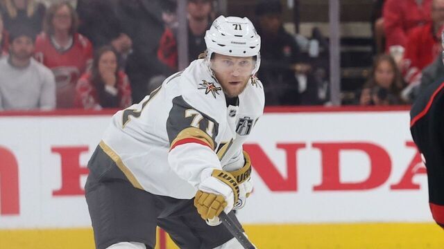 RALEIGH, NORTH CAROLINA - JUNE 11: William Karlsson #71 of the Vegas Golden Knights defends Taylor Hall #71 of the Carolina Hurricanes during Game Five of the 2026 Stanley Cup Final at Lenovo Center on June 11, 2026 in Raleigh, North Carolina.