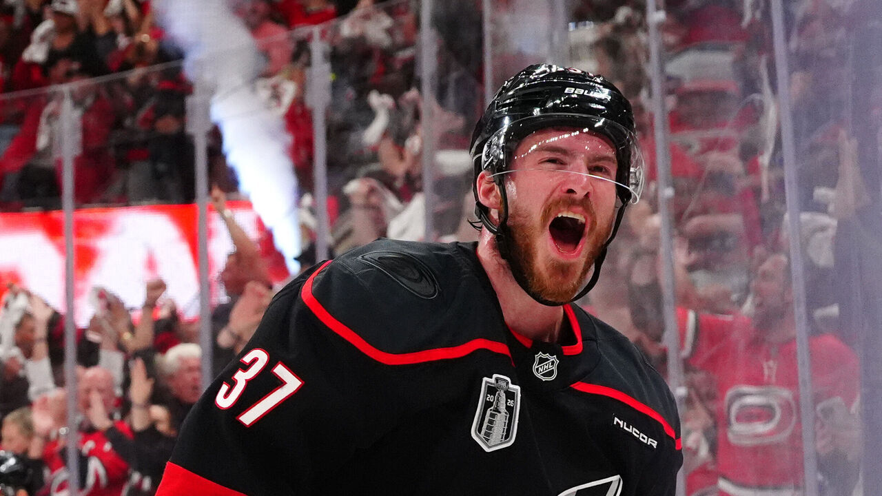RALEIGH, NORTH CAROLINA - JUNE 11: Andrei Svechnikov #37 of the Carolina Hurricanes celebrates his power play goal against the Vegas Golden Knights during the third period of Game Five of the NHL Stanley Cup Final at Lenovo Center on June 11, 2026 in Raleigh, North Carolina.