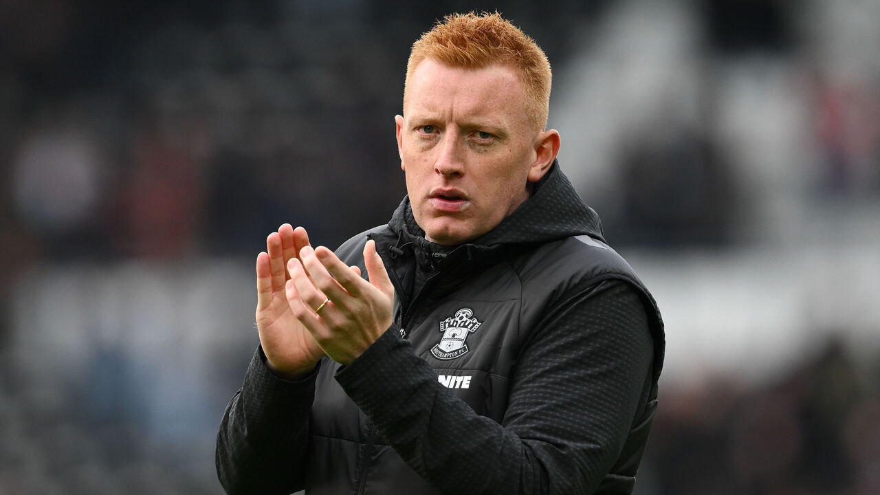 Will Still, manager of Southampton, applauds his team's supporters during the Sky Bet Championship match between Derby County and Southampton at Pride Park in Derby, England, on October 4, 2025.