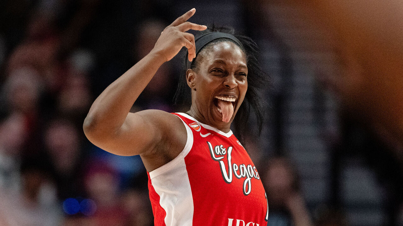 PORTLAND, OREGON - JUNE 11: Chelsea Gray #12 of the Las Vegas Aces reacts after a basket was made during the second half of a Commissioner's Cup game against the Portland Fire at Moda Center on June 11, 2026 in Portland, Oregon.