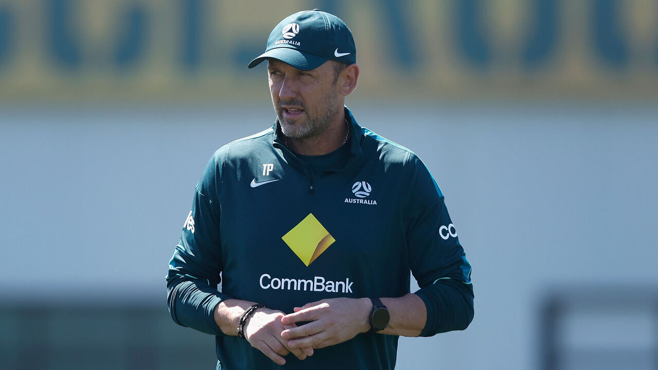 ALAMEDA, CALIFORNIA - JUNE 03: Manager Tony Popovic of Australia looks on during a training session at Oakland Roots and Soul Sports Club on June 03, 2026 in Alameda, California.