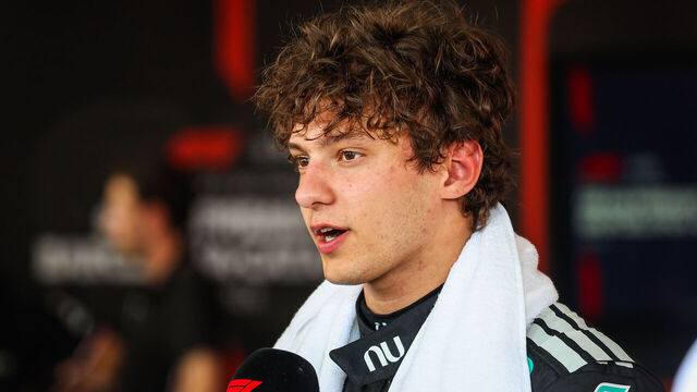 BARCELONA, SPAIN - JUNE 12: Andrea Kimi Antonelli of Italy and Mercedes AMG Petronas F1 Team answers questions in the TV media pen during practice ahead of the F1 Grand Prix of Barcelona-Catalunya at Circuit de Barcelona-Catalunya on June 12, 2026 in Barcelona, Spain.