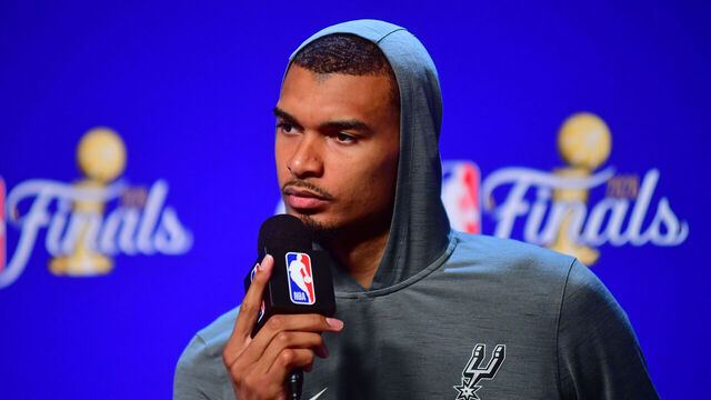 NEW YORK, NY - JUNE 10: Victor Wembanyama #1 of the San Antonio Spurs is interviewed by the media after the game against the New York Knicks during Game Four of the 2026 NBA Finals on June 10, 2026 at Madison Square Garden in New York, New York. Mandatory Copyright Notice: Copyright 2026 NBAE