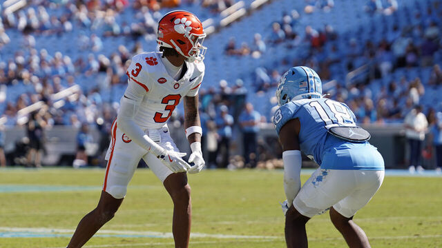 CHAPEL HILL, NORTH CAROLINA - OCTOBER 04: Defensive back Jaiden Patterson #18 of the North Carolina Tar Heels lines-up against wide receiver Tristan Smith #3 of the Clemson Tiger during the second half of the game at Kenan Memorial Stadium on October 04, 2025 in Chapel Hill, North Carolina.