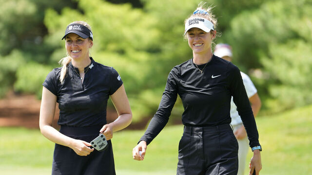 MIDLAND, MICHIGAN - JUNE 12: (L-R) Olivia Cowan of Germany celebrates with Nelly Korda of the United States on the fifth hole during the second round of the Dow Championship 2026 at Midland Country Club on June 12, 2026 in Midland, Michigan.
