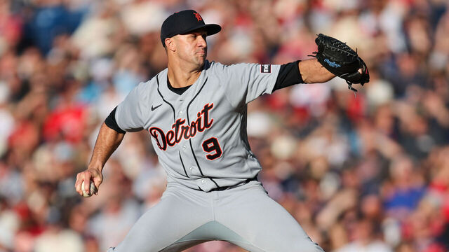 CLEVELAND, OH - JUNE 12: Detroit Tigers starting pitcher Jack Flaherty (9) delivers a pitch to the plate during the first inning of the Major League Baseball game between the Detroit Tigers and Cleveland Guardians on June 12, 2026, at Progressive Field in Cleveland, OH.