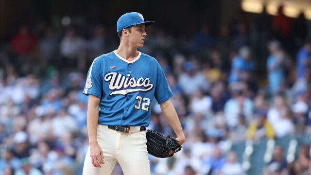 MILWAUKEE, WI - JUNE 12: Jacob Misiorowski #32 of the Milwaukee Brewers pitches during the game between the Philadelphia Phillies and the Milwaukee Brewers at American Family Field on Friday, June 12, 2026 in Milwaukee, Wisconsin.