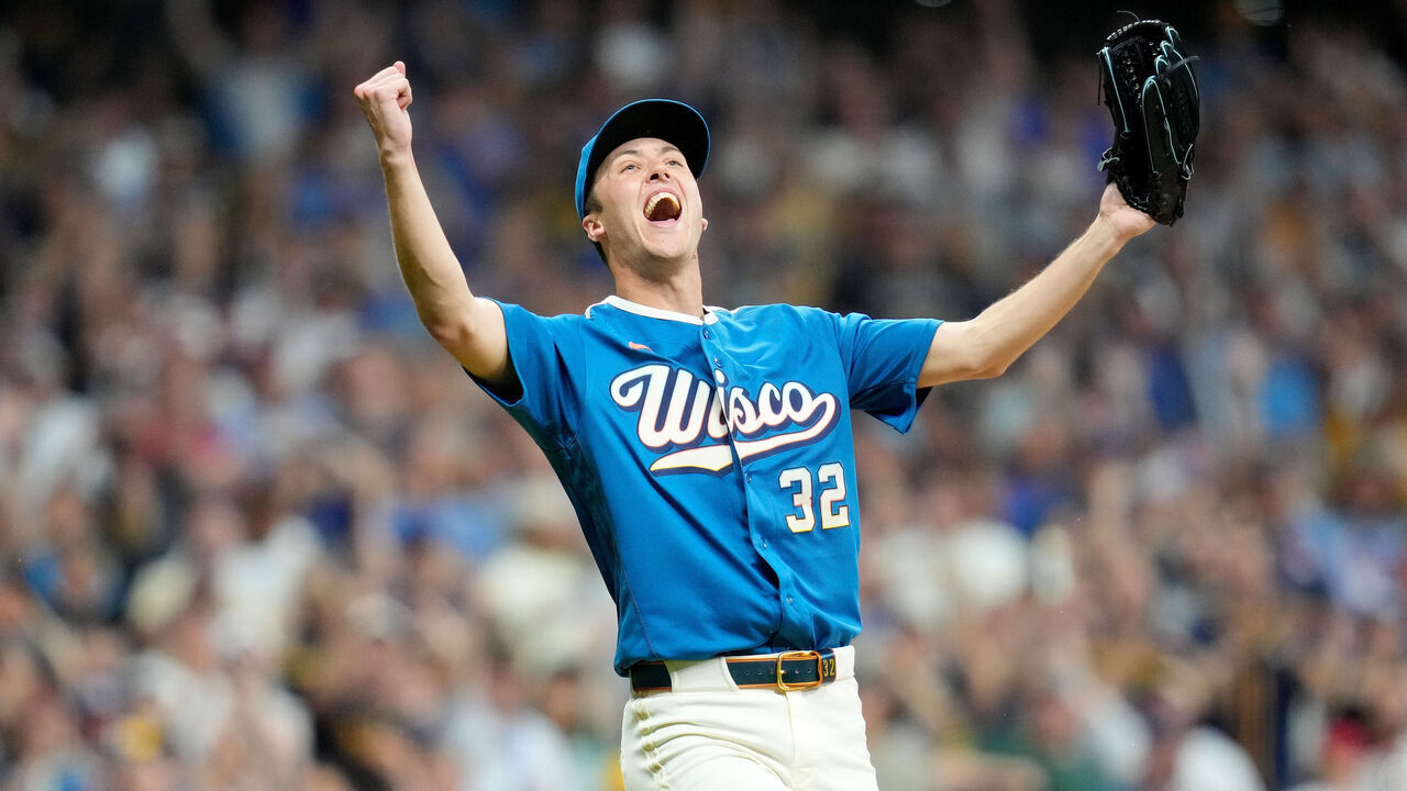 MILWAUKEE, WISCONSIN - JUNE 12: Jacob Misiorowski #32 of the Milwaukee Brewers reacts after the final out of the ninth inning in a game against the Philadelphia Phillies at American Family Field on June 12, 2026 in Milwaukee, Wisconsin. Misiorowski threw a complete game and allowed only one hit.