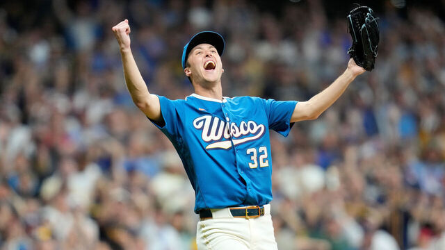 MILWAUKEE, WISCONSIN - JUNE 12: Jacob Misiorowski #32 of the Milwaukee Brewers reacts after the final out of the ninth inning in a game against the Philadelphia Phillies at American Family Field on June 12, 2026 in Milwaukee, Wisconsin. Misiorowski threw a complete game and allowed only one hit.