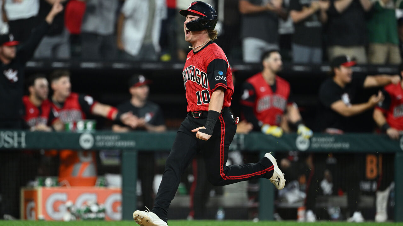 CHICAGO, ILLINOIS - JUNE 12: Chase Meidroth #10 of the Chicago White Sox scores on a Tristan Peters (not pictured) triple against the Los Angeles Dodgers during the fifth inning at Rate Field on June 12, 2026 in Chicago, Illinois.