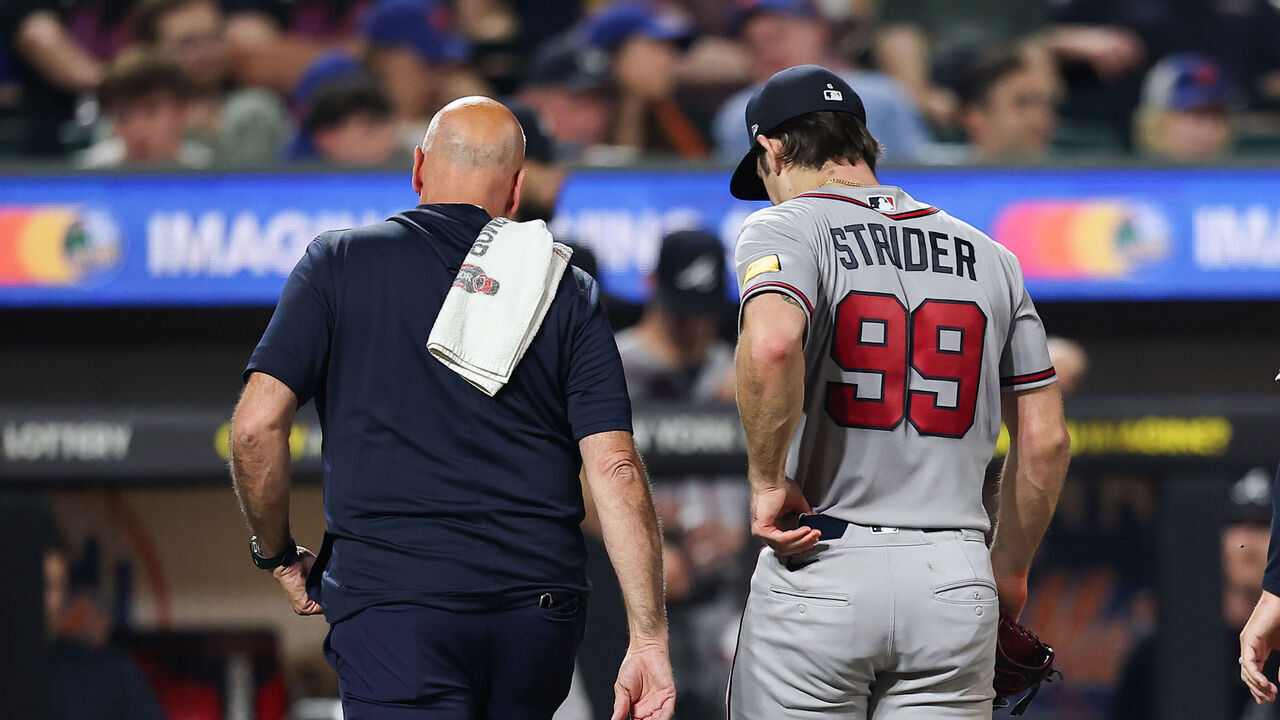 NEW YORK, NEW YORK - JUNE 12: Spencer Strider #99 of the Atlanta Braves walks off the field after being removed from the game during the fourth inning against the New York Mets at Citi Field on June 12, 2026 in New York City.