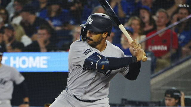 TORONTO, ON - JUNE 12: Trent Grisham #12 of the New York Yankees bats during the game between the New York Yankees and the Toronto Blue Jays at Rogers Centre on Friday, June 12, 2026 in Toronto, Ontario, Canada.