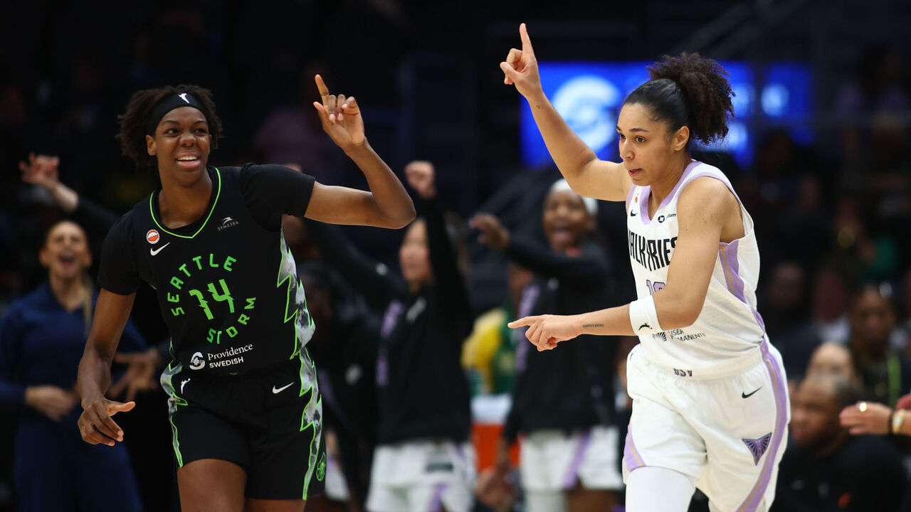 SEATTLE, WA - JUNE 12: Janelle Salaun #13 of the Golden State Valkyries and Dominique Malonga #14 of the Seattle Storm react during the game during the 2026 WNBA Commissioner's Cup on June 12, 2026 at Climate Pledge Arena in Seattle, Washington. Mandatory Copyright Notice: Copyright 2026 NBAE