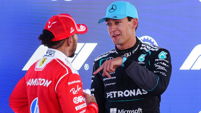 Mercedes' George Russell celebrates qualifying on pole, with Ferrari's Lewis Hamilton during qualifying for the Barcelona-Catalunya Grand Prix at the Circuit de Barcelona-Catalunya, Spain. Picture date: Saturday June 13, 2026.