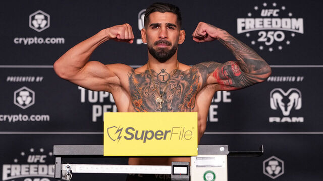 WASHINGTON, DC - JUNE 13: Ilia Topuria of Spain poses on the scale during the UFC Freedom 250 Official Weigh-in at JW Marriott on June 13, 2026 in Washington, DC.