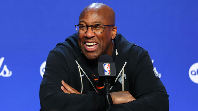 SAN ANTONIO, TX - JUNE 12: Head Coach Mike Brown of the New York Knicks talks to media during 2026 NBA Finals Practice and Media Availability on June 12, 2026 at Frost Bank Center in San Antonio, Texas. Mandatory Copyright Notice: Copyright 2026 NBAE
