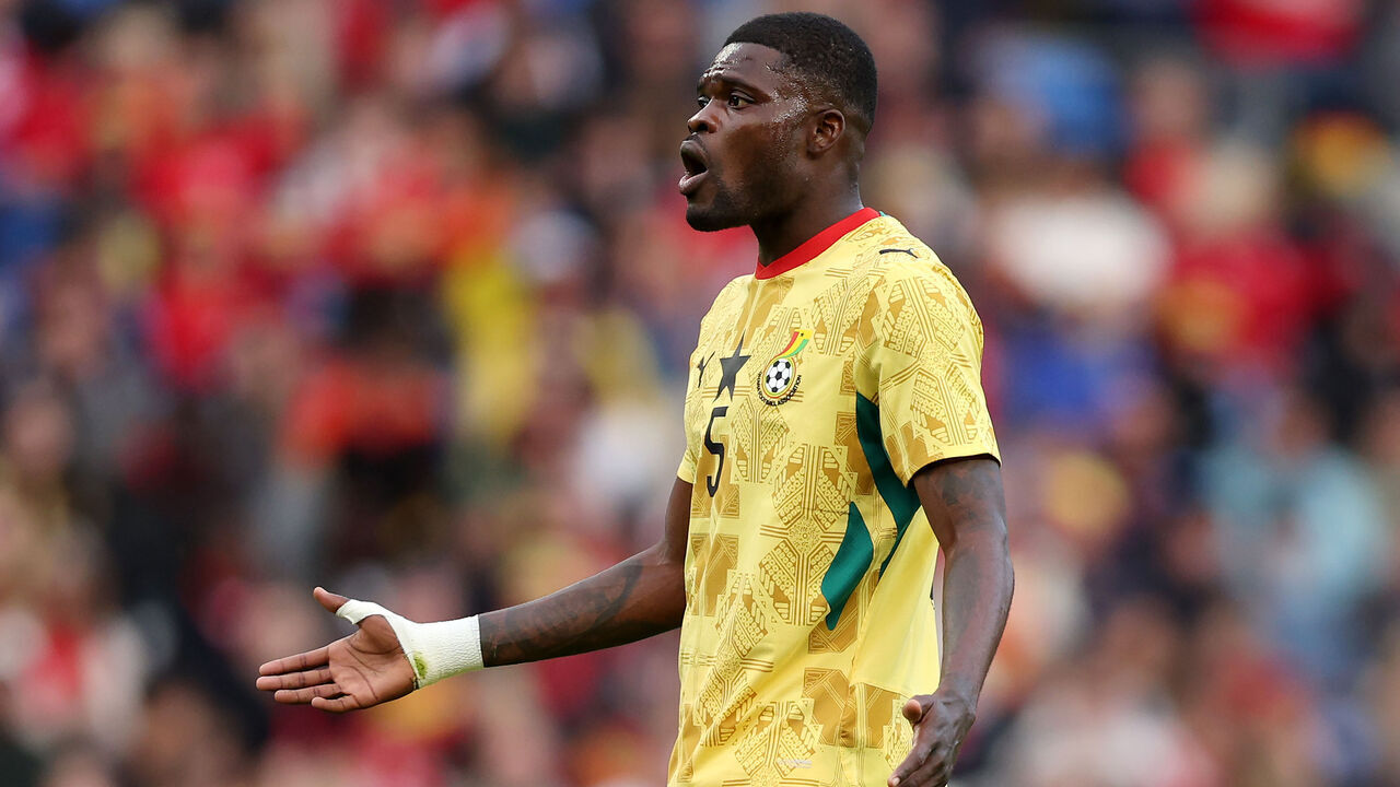 CARDIFF, WALES - JUNE 02: Thomas Partey of Ghana reacts during the International Friendly match between Wales and Ghana at the Cardiff City Stadium on June 02, 2026 in Cardiff, Wales.