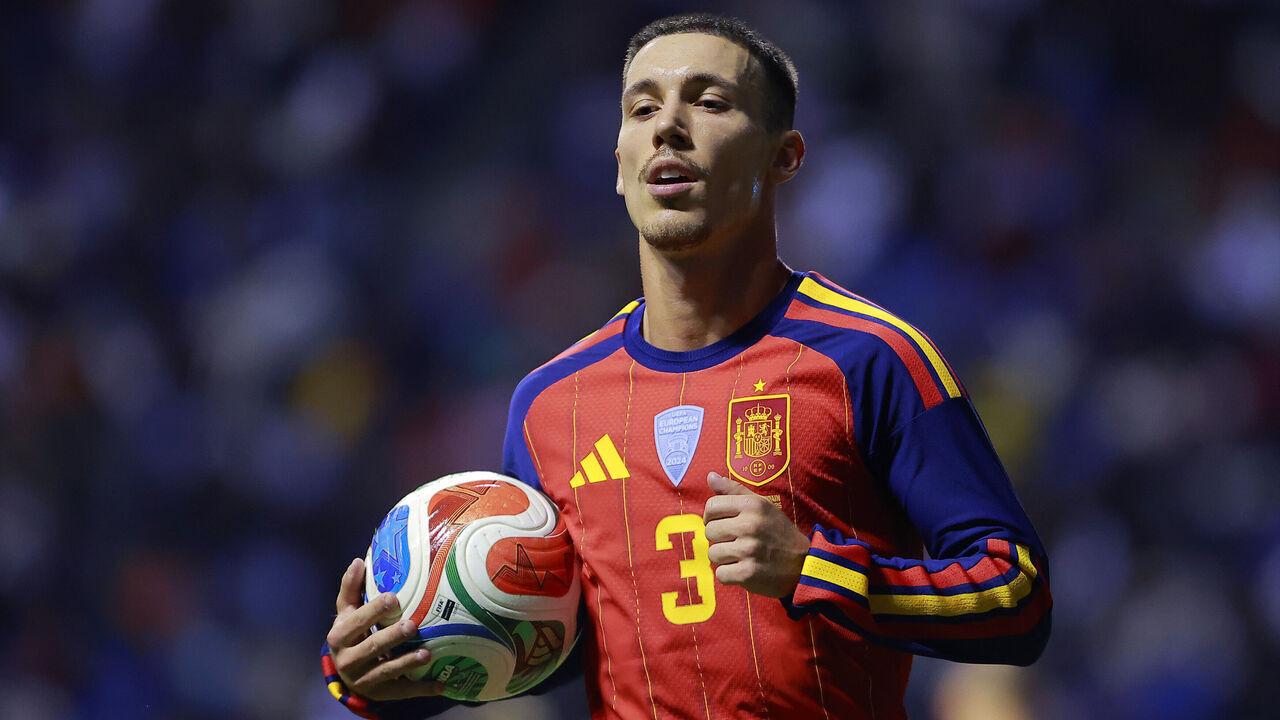 PUEBLA, MEXICO - JUNE 8: Alejandro Grimaldo of Spain reacts during the international friendly match between Peru and Spain at Estadio Cuauhtémoc on June 8, 2026 in Puebla, Mexico.