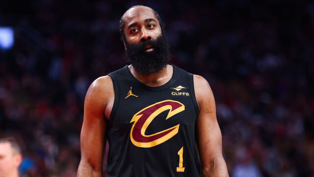 TORONTO, CANADA - MAY 1: James Harden #1 of the Cleveland Cavaliers CLECAV looks on against the Toronto Raptors during Game Six of the First Round of the NBA Eastern Conference Playoffs at Scotiabank Arena on May 1, 2026 in Toronto, Ontario, Canada. NOTE TO USER: User expressly acknowledges and agrees that, by downloading and/or using this Photograph, user is consenting to the terms and conditions of the Getty Images License Agreement.