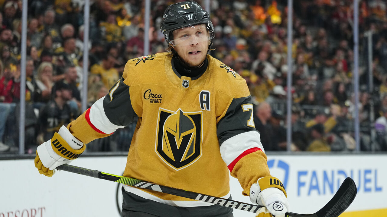LAS VEGAS, NEVADA - MAY 06: William Karlsson #71 of the Vegas Golden Knights reacts during the third period against the Anaheim Ducks in Game Two of the Second Round of the 2026 Stanley Cup Playoffs at T-Mobile Arena on May 06, 2026 in Las Vegas, Nevada.