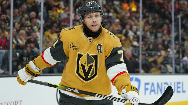 LAS VEGAS, NEVADA - MAY 06: William Karlsson #71 of the Vegas Golden Knights reacts during the third period against the Anaheim Ducks in Game Two of the Second Round of the 2026 Stanley Cup Playoffs at T-Mobile Arena on May 06, 2026 in Las Vegas, Nevada.