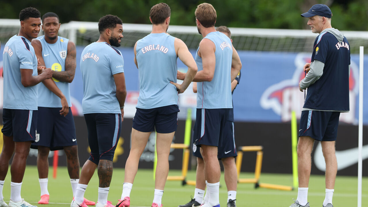 PALM BEACH GARDENS, FLORIDA - JUNE 09: Thomas Tuchel England Manager with his players in training on June 09, 2026 in Palm Beach Gardens, Florida.