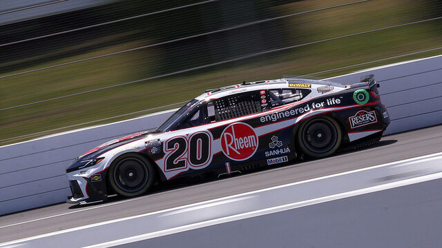 LONG POND, PENNSYLVANIA - JUNE 13: Christopher Bell, driver of the #20 Rheem Toyota, drives during practice for the NASCAR Cup Series Great American Getaway 400 presented by VISITPA at Pocono Raceway on June 13, 2026 in Long Pond, Pennsylvania.