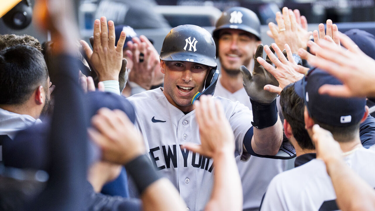 TORONTO, CANADA - JUNE 13: Paul Goldschmidt #48 of the New York Yankees celebrates his two run home run against the Toronto Blue Jays during the ninth inning in their MLB game at the Rogers Centre on June 13, 2026 in Toronto, Ontario, Canada.