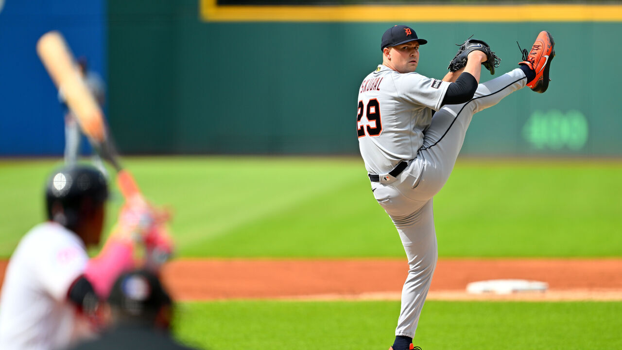CLEVELAND, OHIO - JUNE 13: Starting pitcher Tarik Skubal #29 of the Detroit Tigers pitches to Angel Martínez #1 of the Cleveland Guardians during the first inning at Progressive Field on June 13, 2026 in Cleveland, Ohio.