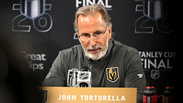 RALEIGH, NC - JUNE 11: Head Coach John Tortorella of the Vegas Golden Knights speaks to the media after game five of the NHL Stanley Cup Final between the Vegas Golden Knights and the Carolina Hurricanes on June 11, 2026 at Lenovo Center in Raleigh, North Carolina.