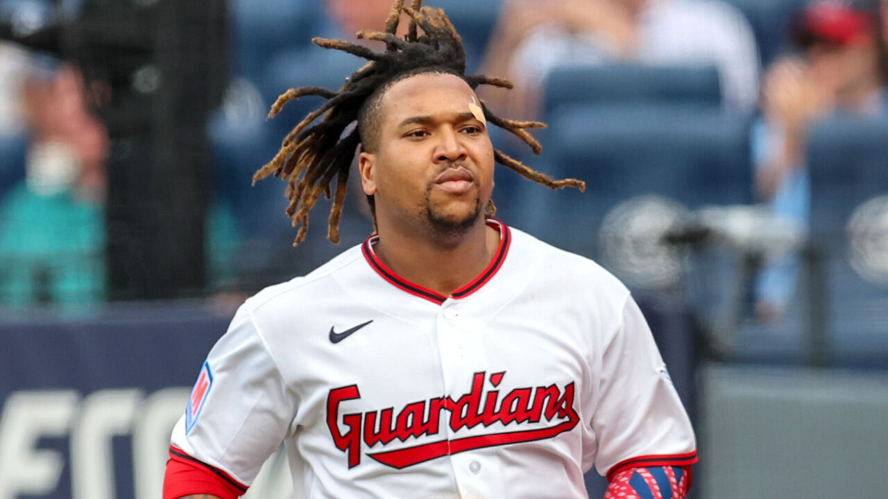 CLEVELAND, OH - JUNE 09: Cleveland Guardians third baseman Jose Ramirez (11) returns to the dugout after scoring a run during the third inning of the Major League Baseball game between the New York Yankees and Cleveland Guardians on June 9, 2026, at Progressive Field in Cleveland, OH.